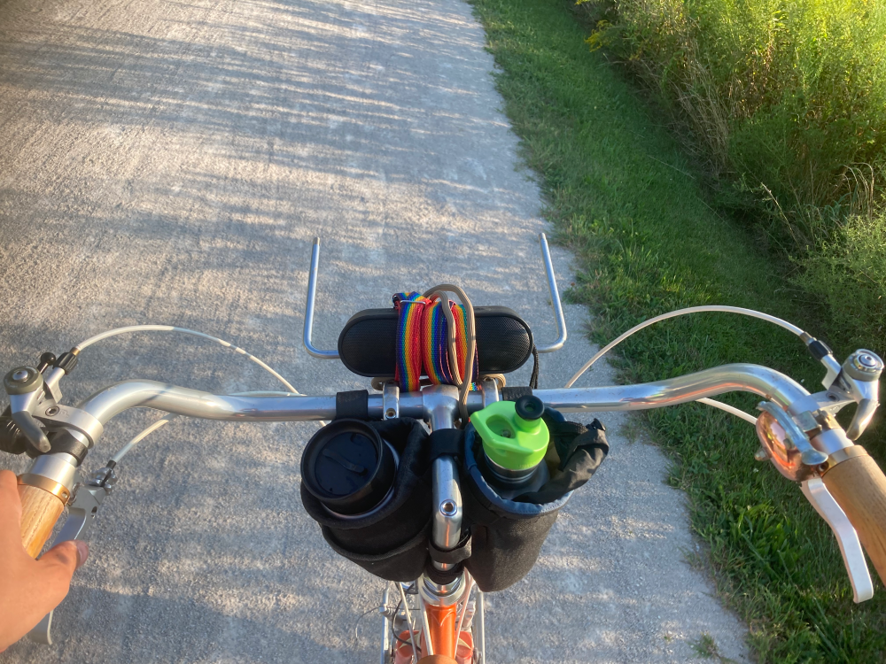 A view of my upright handlebars, with a speaker perched on top