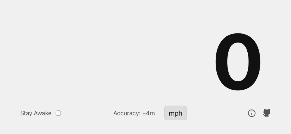 A screenshot of my speedometer, with a big 0 on the right, a checkbox to keep the screen on, an accuracy reading in +/- meters, a button to indicate and change the speed units, an info button, and a github icon